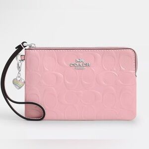 Coach Pink Corner Zip Wristlet In Signature Leather With Heart Charm 🩷